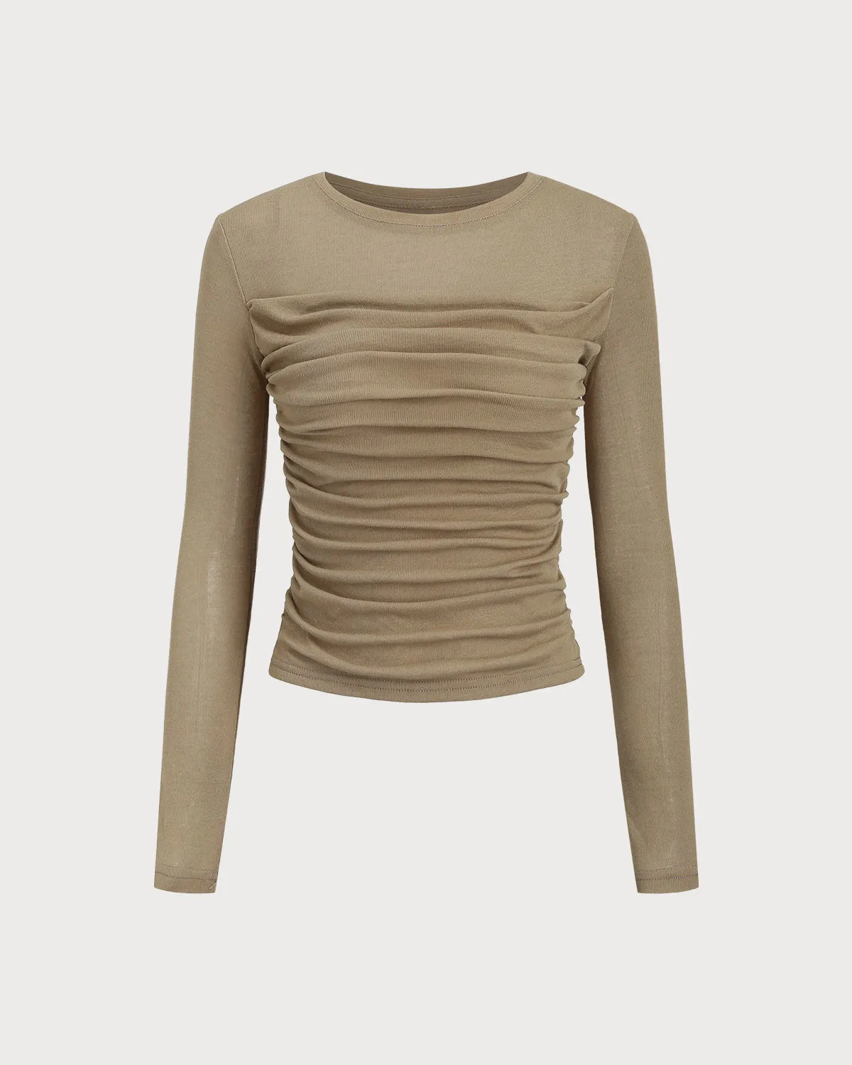 Khaki Knit Round Neck Ruched Tee sold by rihoas