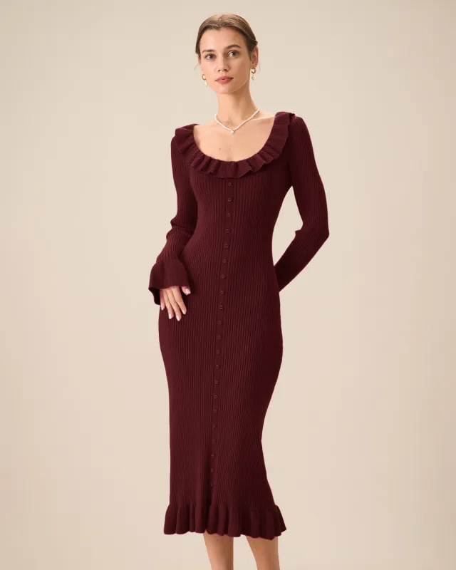Wine Red Bodycon Bell Sleeve Sweater Dress sold by rihoas