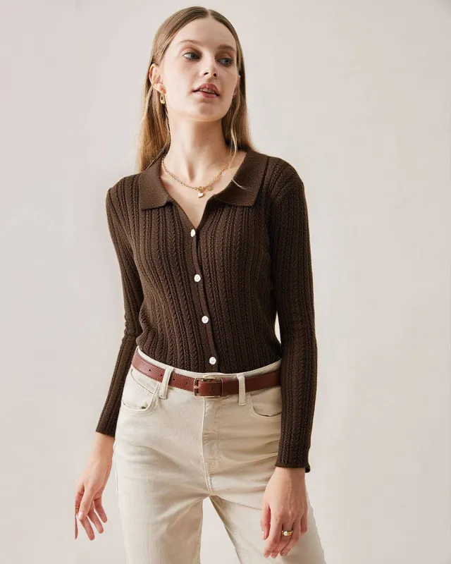 Coffee Ribbed Knit Slim Cardigan sold by rihoas