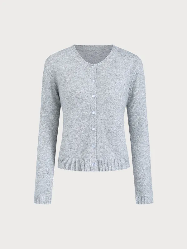 Grey Round Neck Ribbed Knit Cardigan sold by rihoas