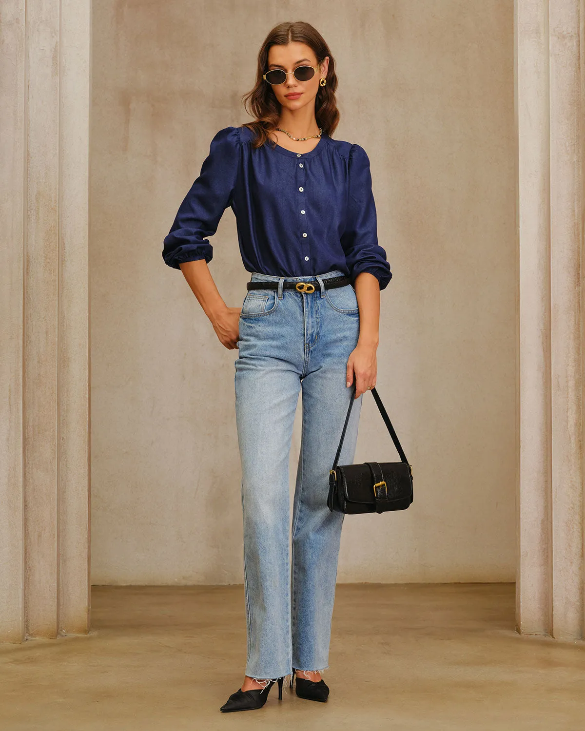 Navy Round Neck Puffed Sleeve Blouse sold by rihoas product image thumbnail 5