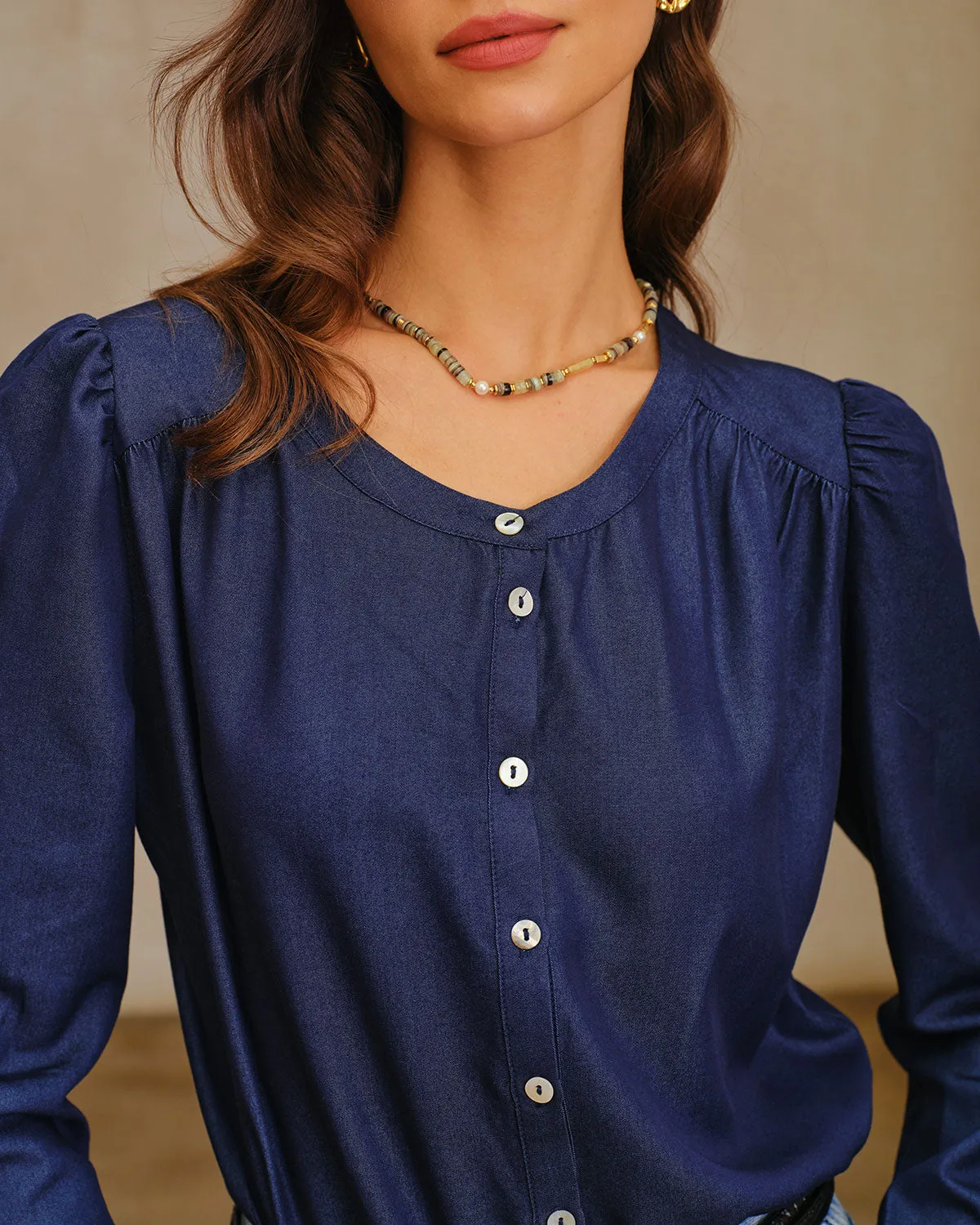Navy Round Neck Puffed Sleeve Blouse sold by rihoas product image thumbnail 2
