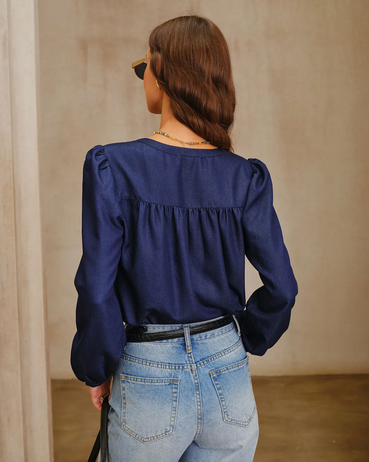 Navy Round Neck Puffed Sleeve Blouse sold by rihoas product image thumbnail 4