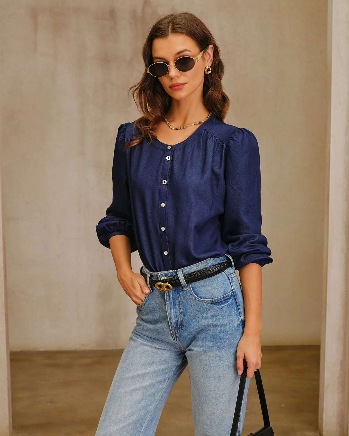 Navy Round Neck Puffed Sleeve Blouse sold by rihoas product image thumbnail 3