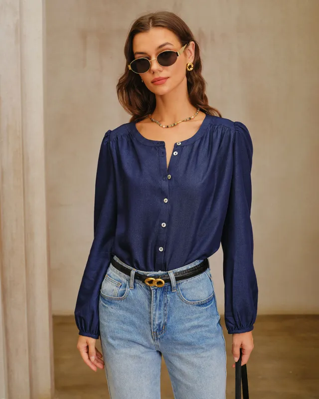 Navy Round Neck Puffed Sleeve Blouse sold by rihoas