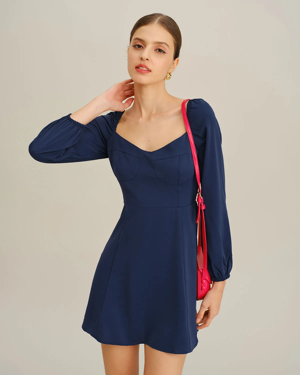 Navy Puffed Sleeve A-Line Mini Dress sold by rihoas