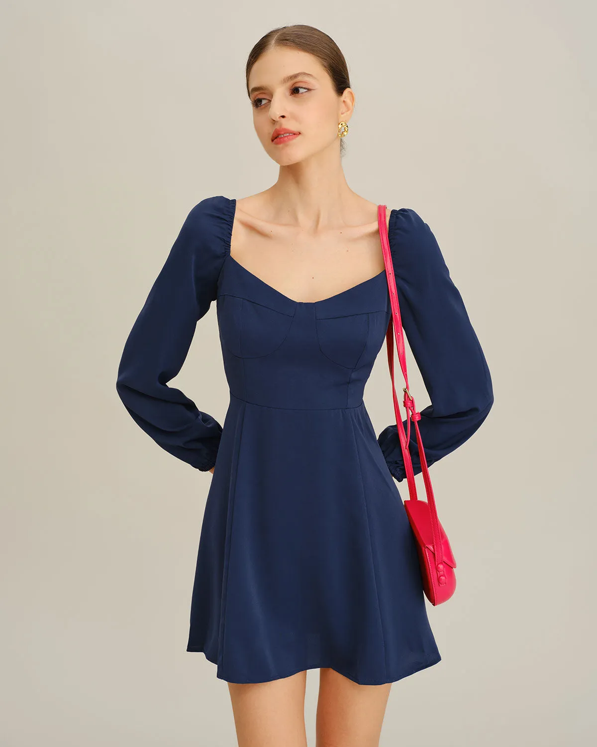 Navy Puffed Sleeve A-Line Mini Dress sold by rihoas product image thumbnail 4