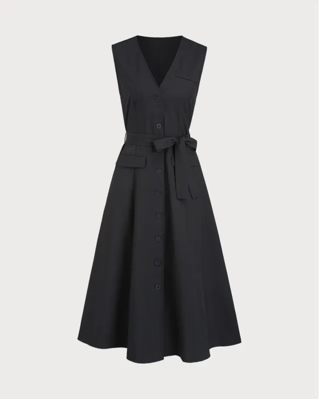 Black V Neck Belted Sleeveless Midi Dress sold by rihoas