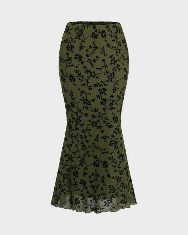 Green Floral Elastic Waist Mermaid Midi Skirt sold by rihoas