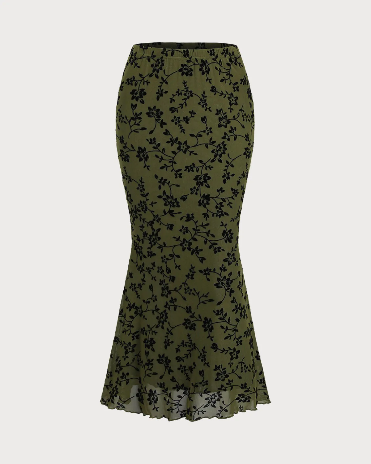 Green Floral Elastic Waist Mermaid Midi Skirt sold by rihoas