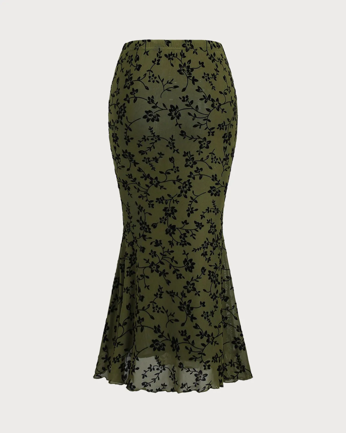 Green Floral Elastic Waist Mermaid Midi Skirt sold by rihoas product image thumbnail 2