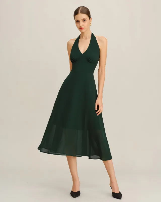 Green Chiffon A-Line Halter Midi Dress sold by rihoas