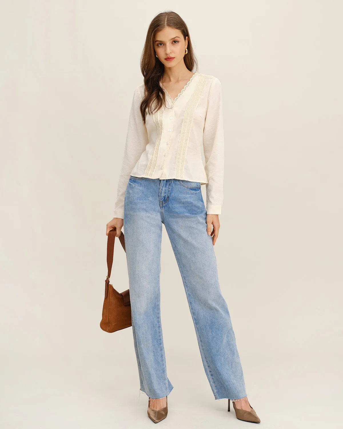 Apricot V Neck Lace Shirt sold by rihoas product image thumbnail 4