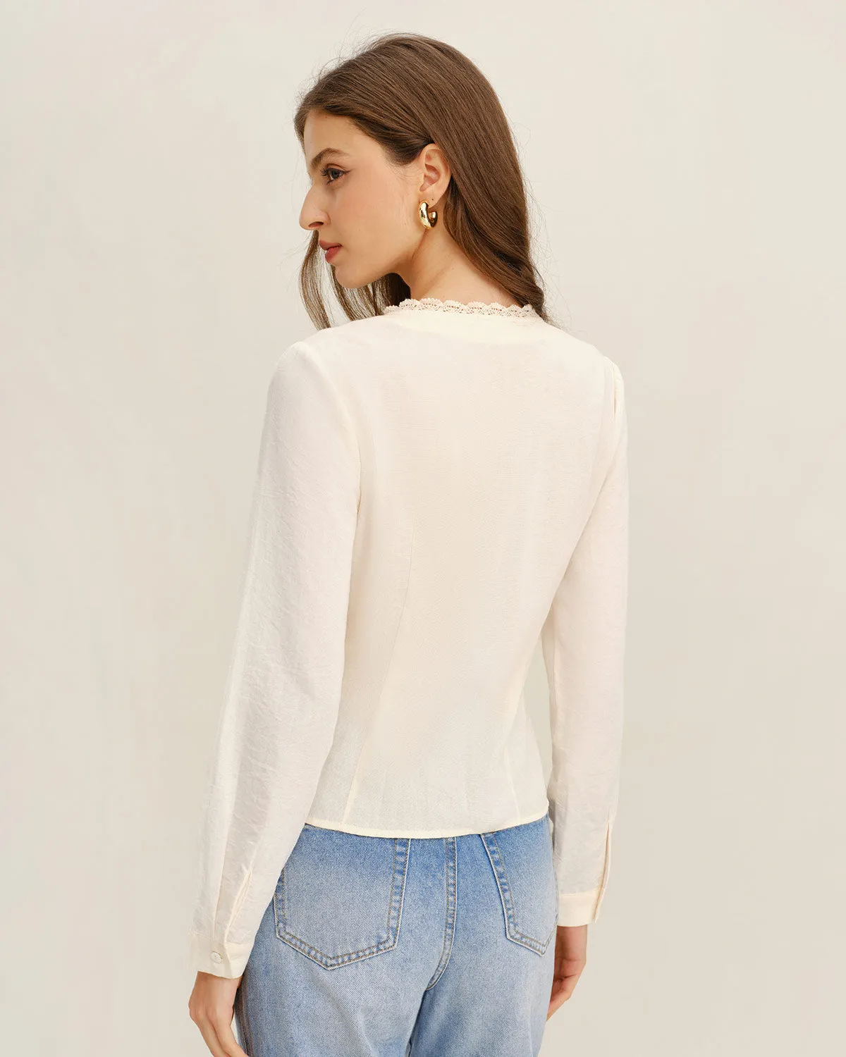 Apricot V Neck Lace Shirt sold by rihoas product image thumbnail 3