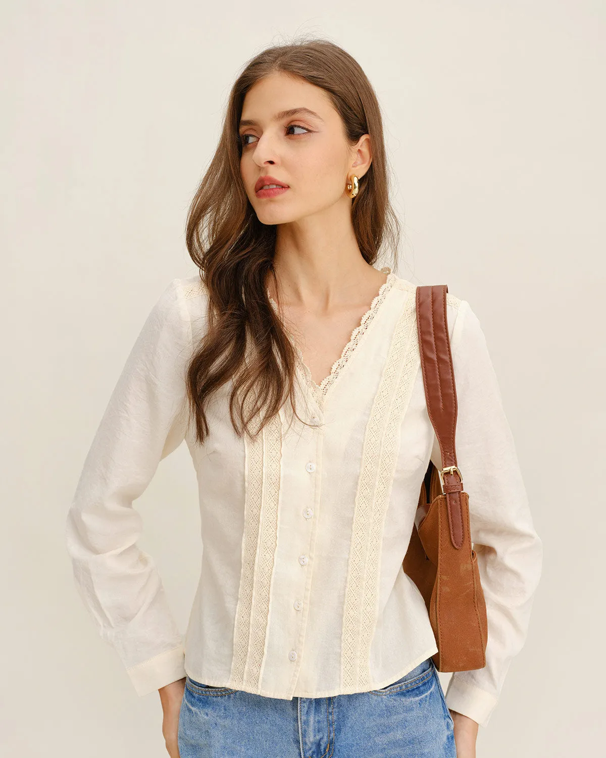 Apricot V Neck Lace Shirt sold by rihoas