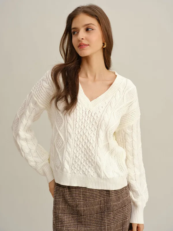 White Round Neck Knit Sweater sold by rihoas