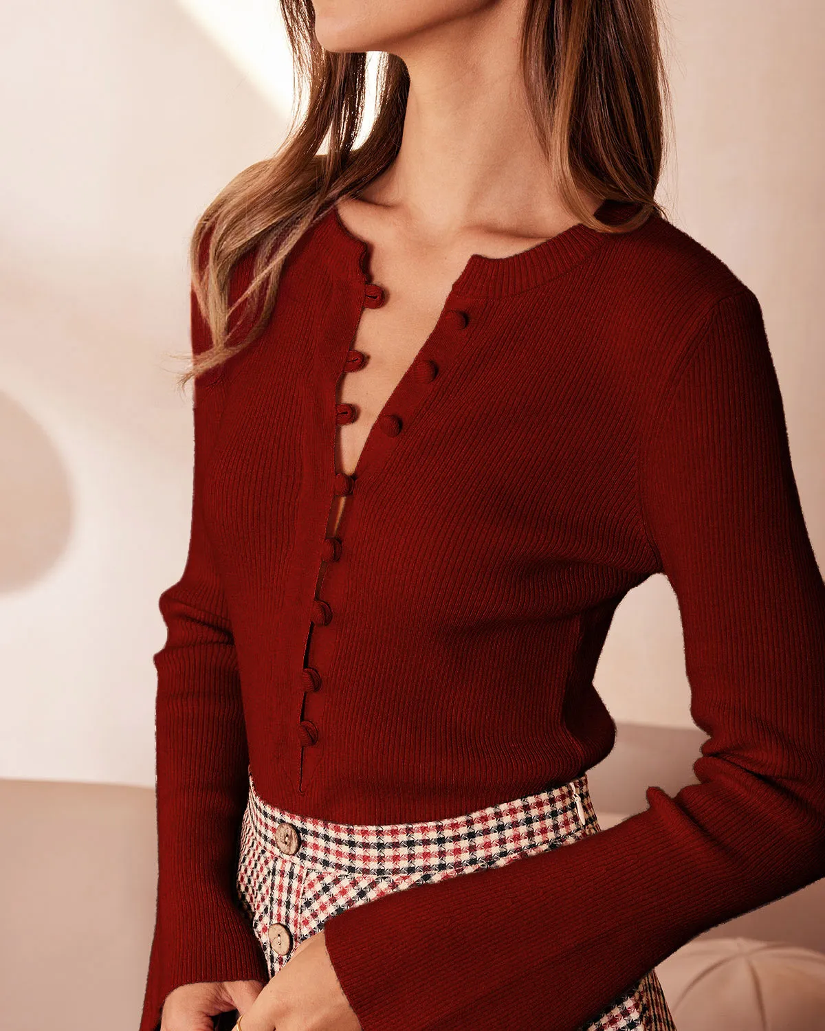 Red Bell Sleeve Ribbed Knit Tee sold by rihoas product image thumbnail 2