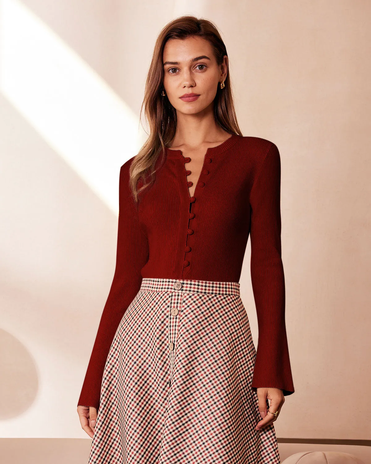 Red Bell Sleeve Ribbed Knit Tee sold by rihoas