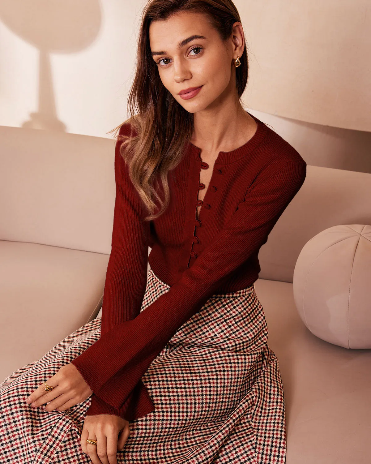 Red Bell Sleeve Ribbed Knit Tee sold by rihoas product image thumbnail 3