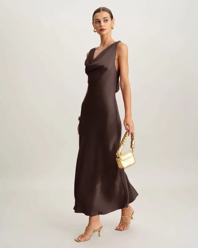Coffee Satin Cowl Neck Maxi Dress sold by rihoas
