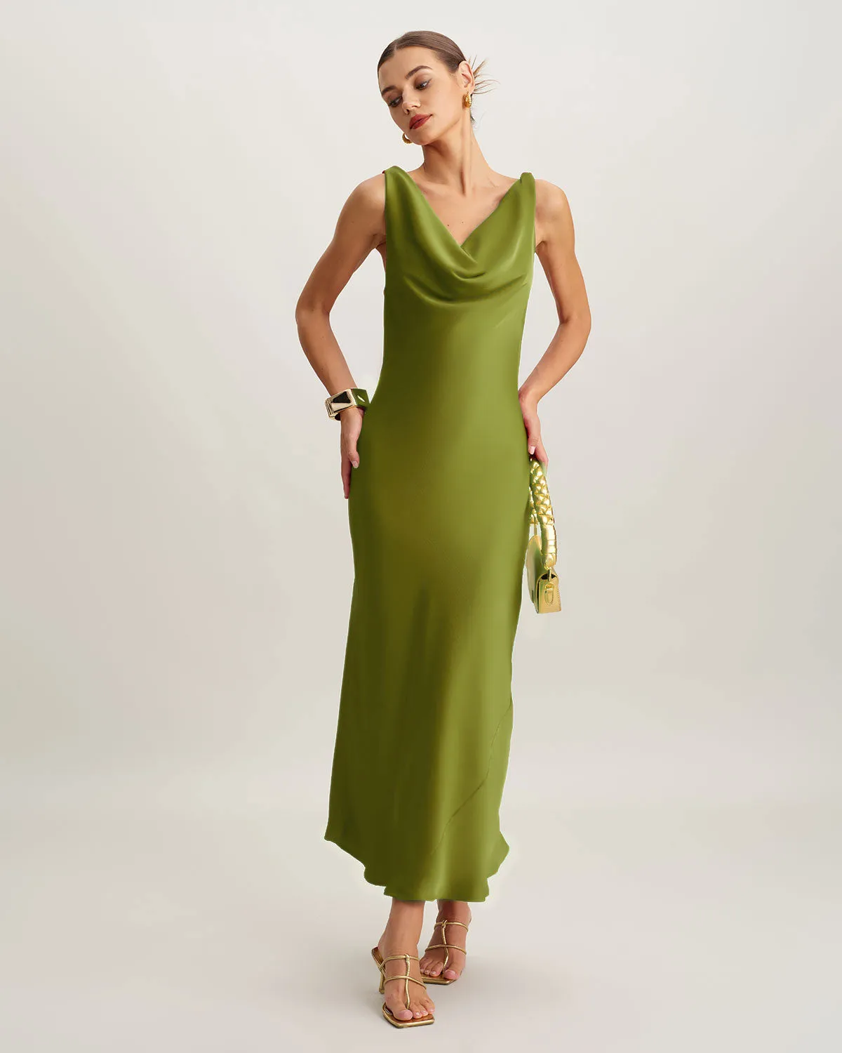 Green Satin Cowl Neck Maxi Dress sold by rihoas product image thumbnail 3