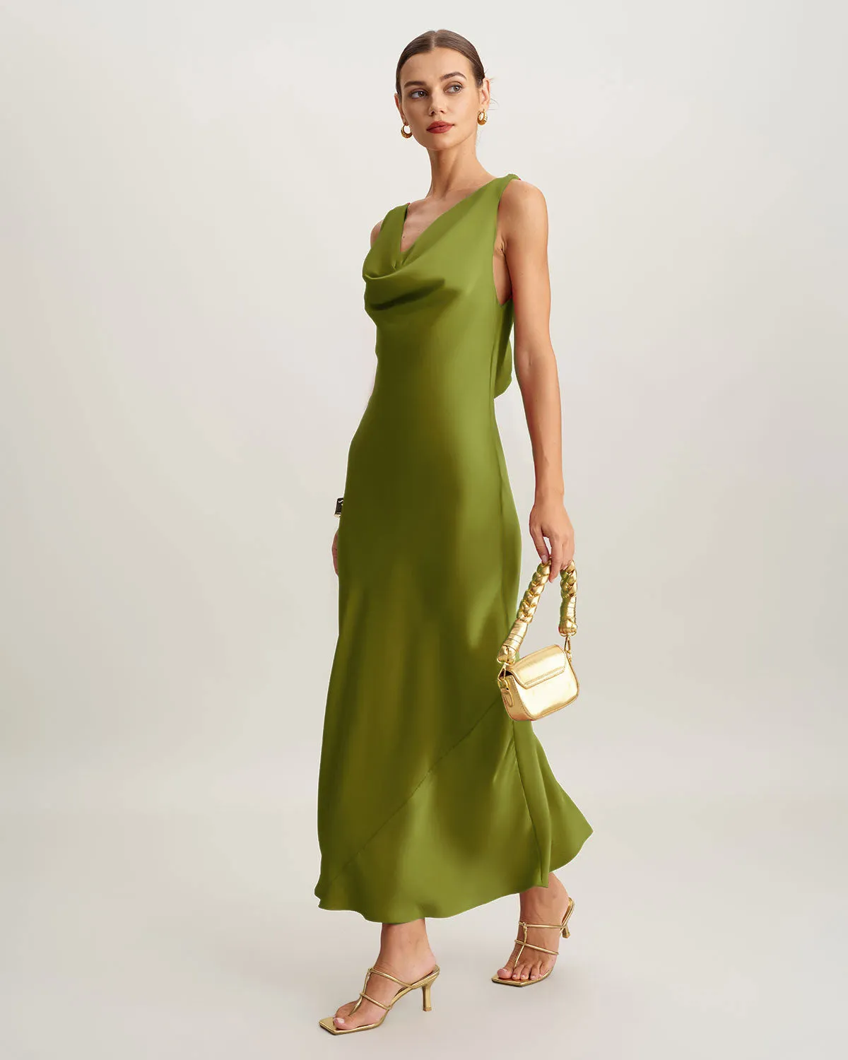 Green Satin Cowl Neck Maxi Dress sold by rihoas product image thumbnail 4