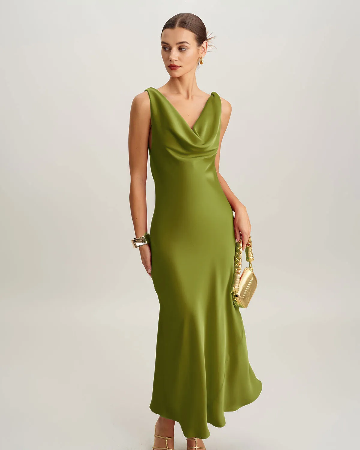 Green Satin Cowl Neck Maxi Dress sold by rihoas