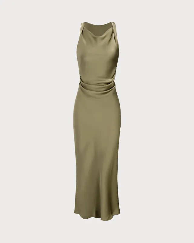 Green Satin Boat Neck Slip Midi Dress sold by rihoas