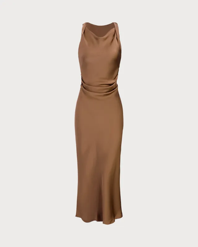Coffee Satin Boat Neck Slip Midi Dress sold by rihoas