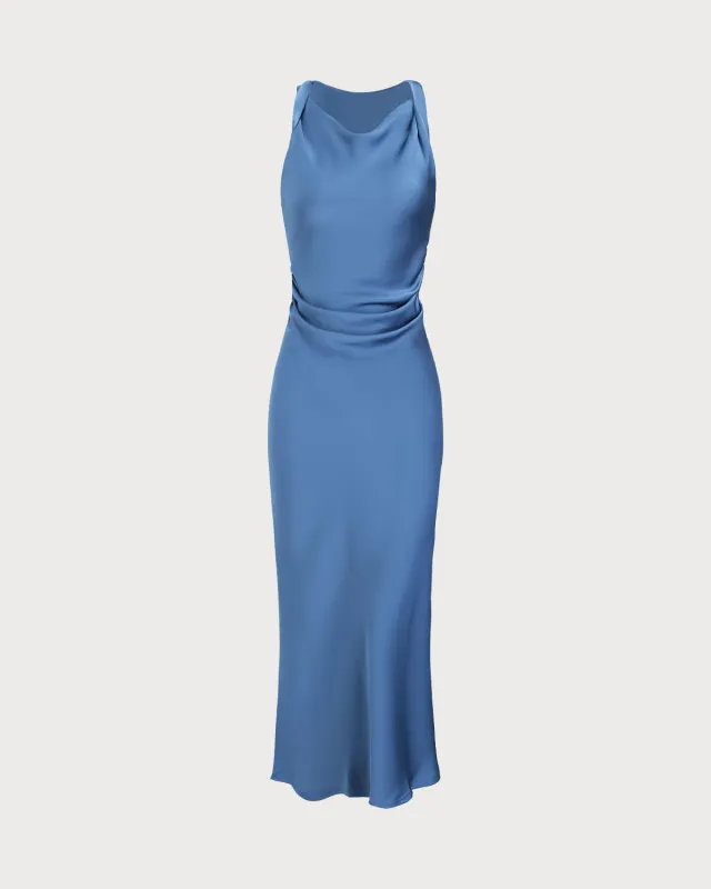Blue Satin Boat Neck Slip Midi Dress sold by rihoas
