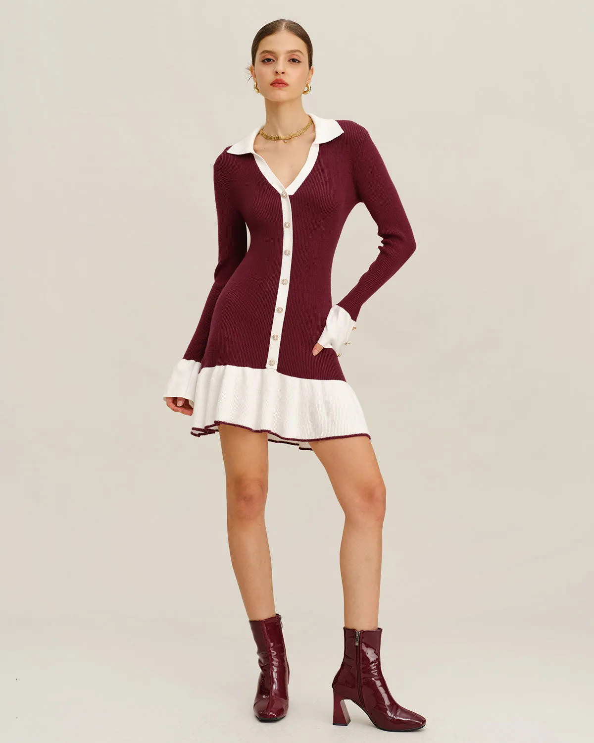 Wine Red Contrasting Sweater Dress sold by rihoas product image thumbnail 3