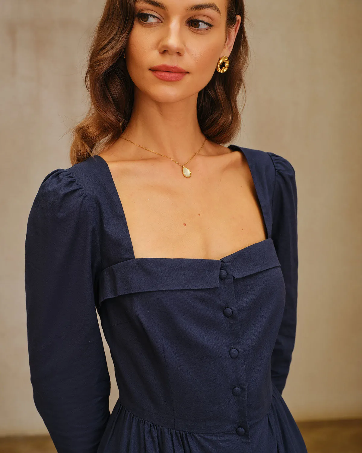 Navy Square Neck A-Line Midi Dress sold by rihoas product image thumbnail 2