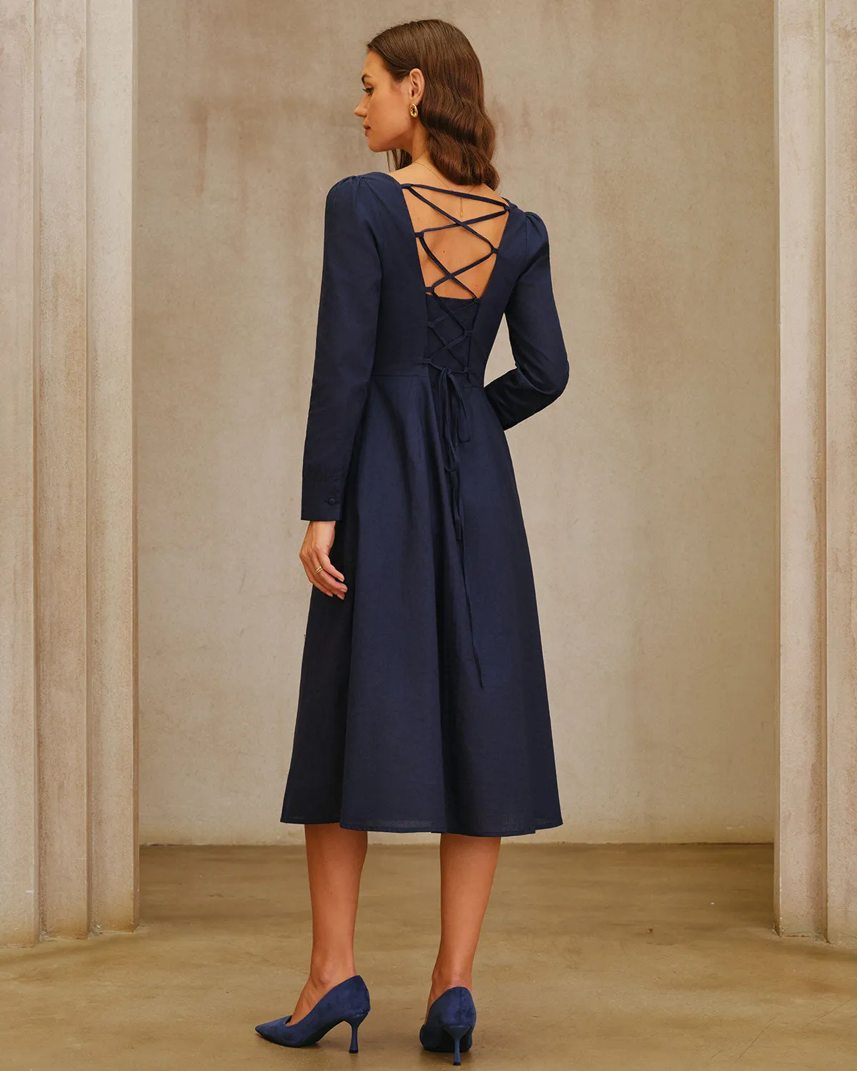 Navy Square Neck A-Line Midi Dress sold by rihoas product image thumbnail 4