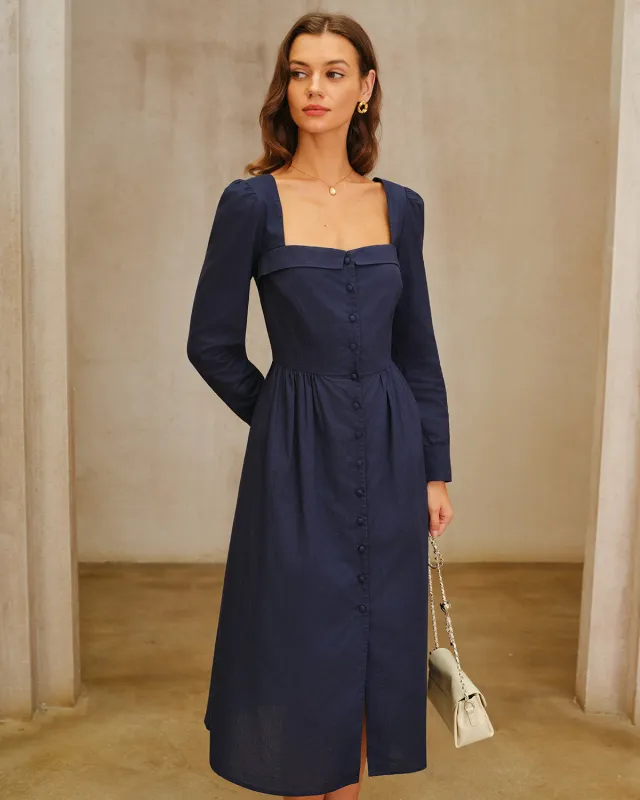 Navy Square Neck A-Line Midi Dress sold by rihoas