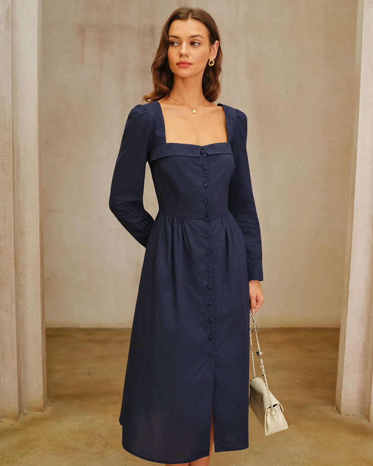Navy Square Neck A-Line Midi Dress sold by rihoas