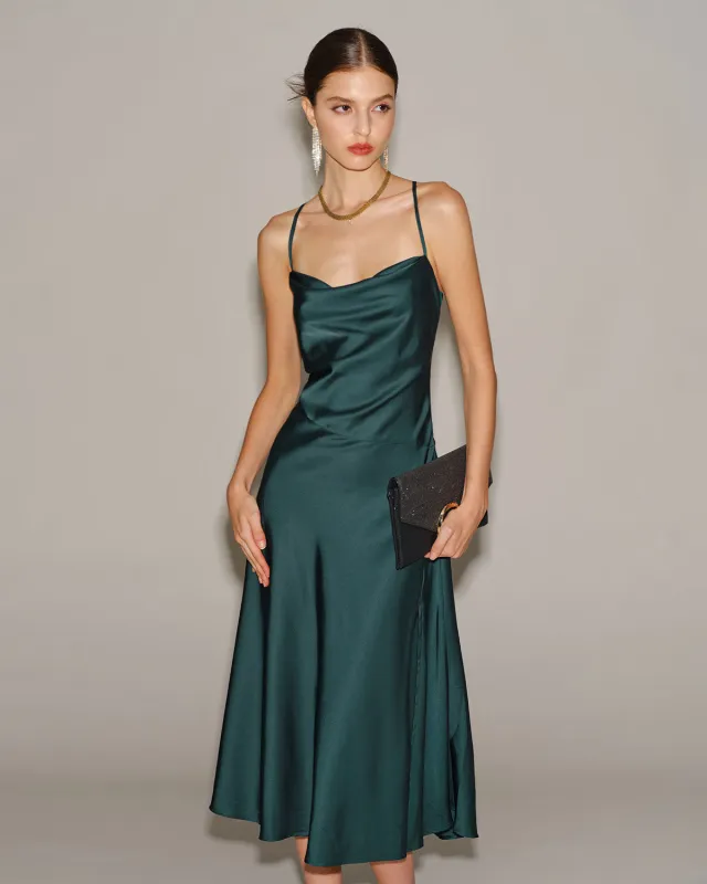 Green Satin Cowl Neck Slip Midi Dress sold by rihoas