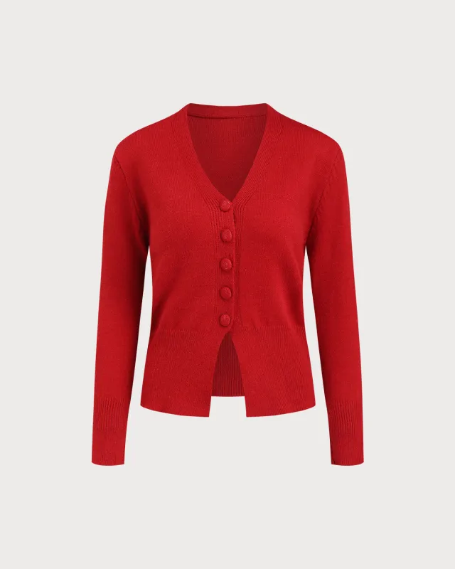 Red V Neck Slim Knit Cardigan sold by rihoas