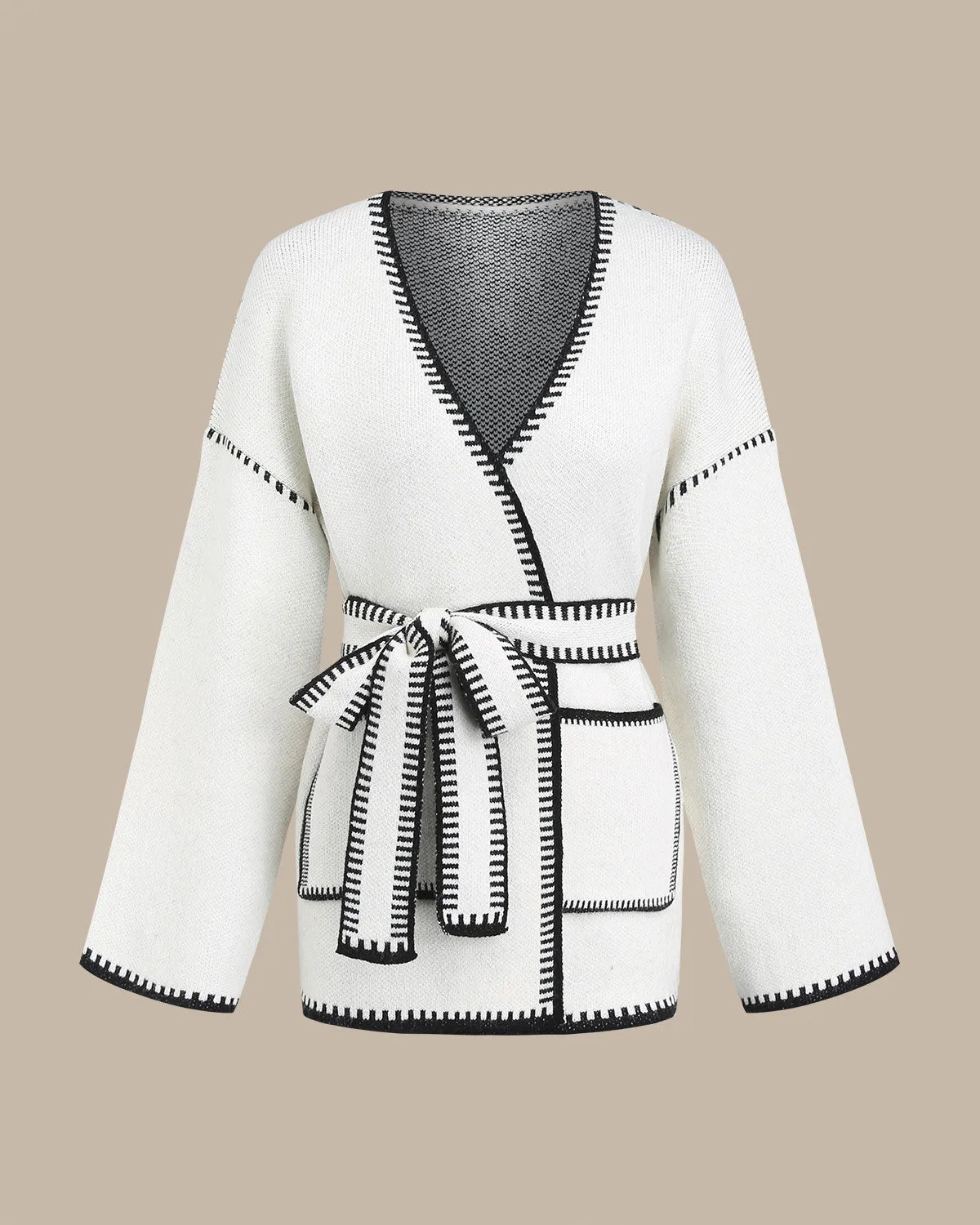 White Contrasting Drawstring Cardigan sold by rihoas