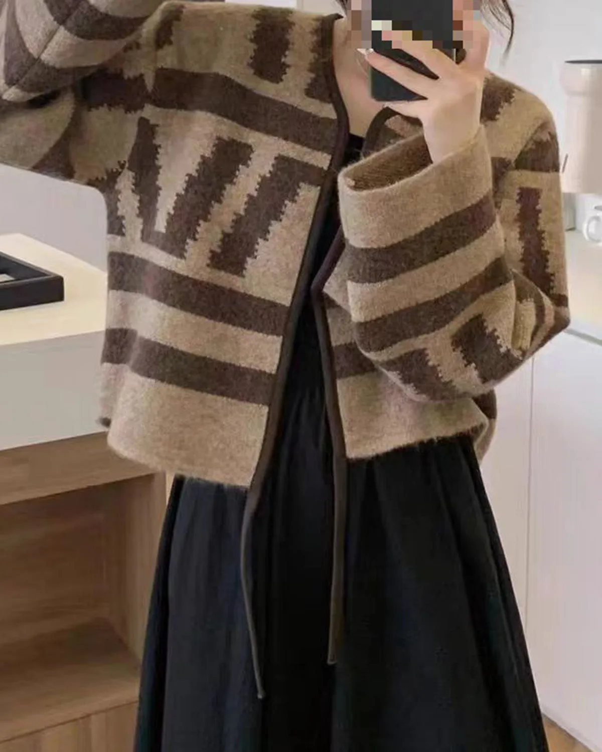 Camel Geometric Knit Cardigan sold by rihoas product image thumbnail 2