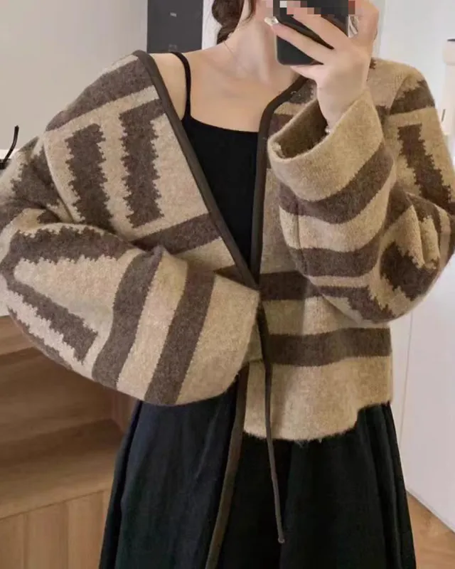 Camel Geometric Knit Cardigan sold by rihoas