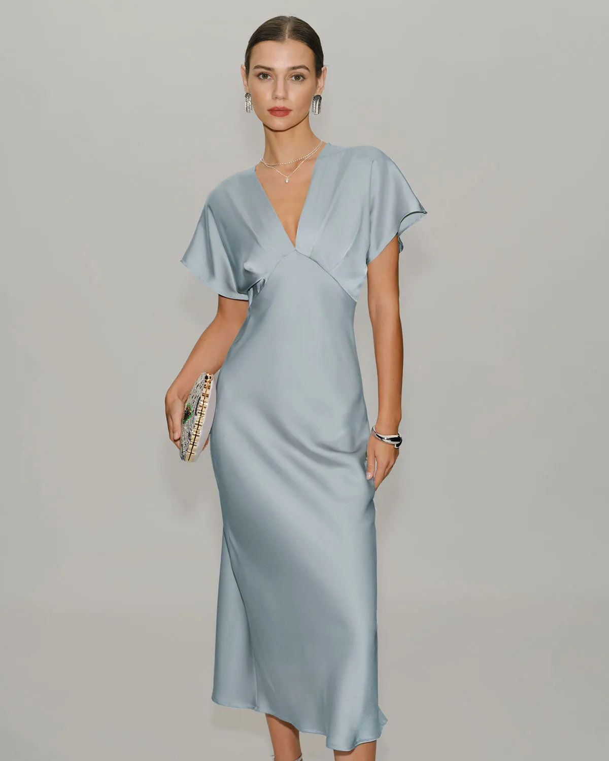 Blue Satin Cowl Sleeve Midi Dress sold by rihoas
