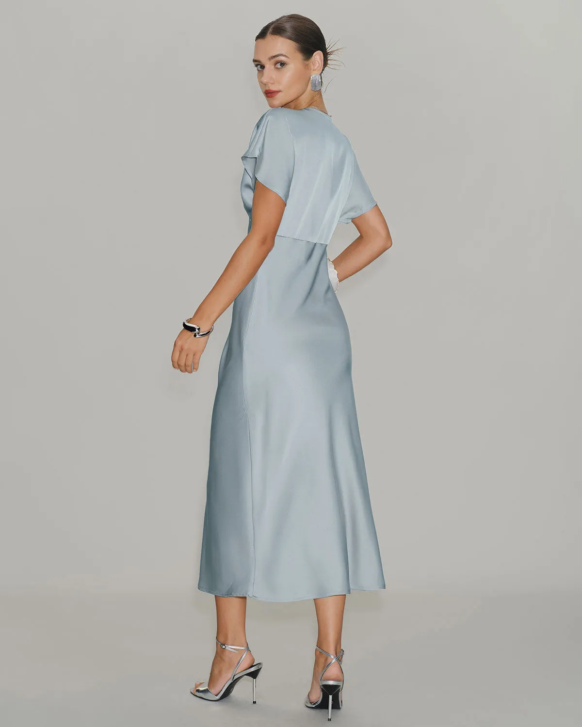 Blue Satin Cowl Sleeve Midi Dress sold by rihoas product image thumbnail 5