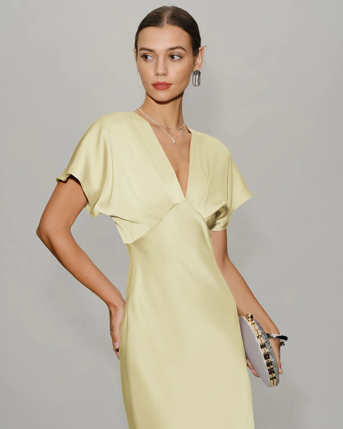 Yellow Satin Cowl Sleeve Midi Dress sold by rihoas product image thumbnail 2