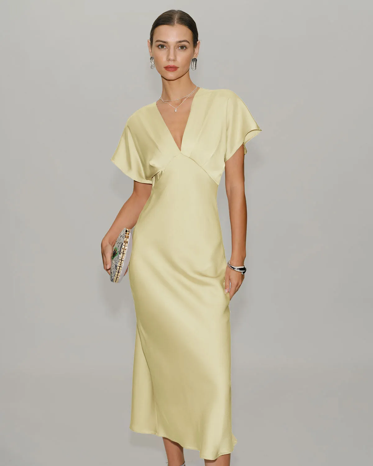 Yellow Satin Cowl Sleeve Midi Dress sold by rihoas