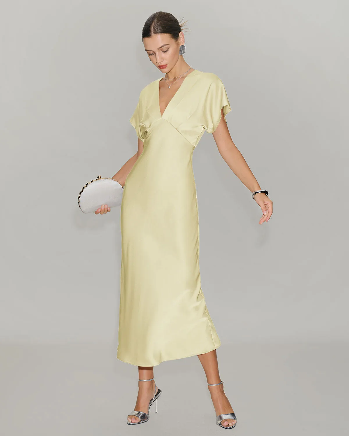 Yellow Satin Cowl Sleeve Midi Dress sold by rihoas product image thumbnail 4