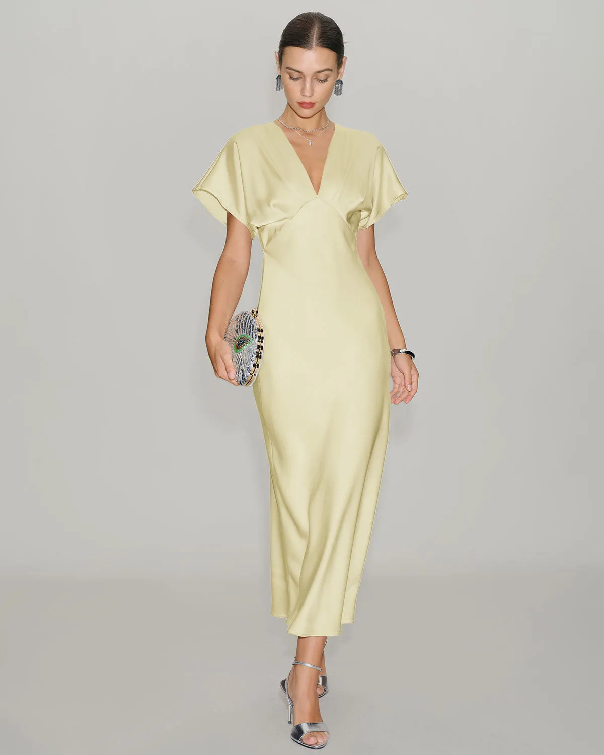 Yellow Satin Cowl Sleeve Midi Dress sold by rihoas product image thumbnail 3