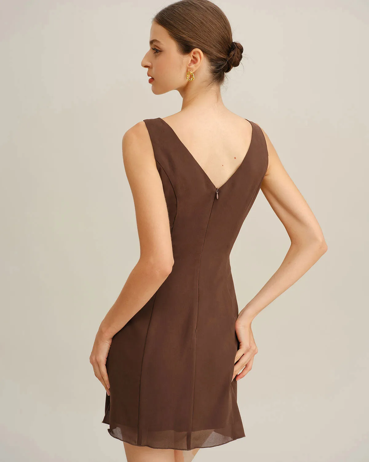 Coffee Round Neck Sleeveless Mini Dress sold by rihoas product image thumbnail 3