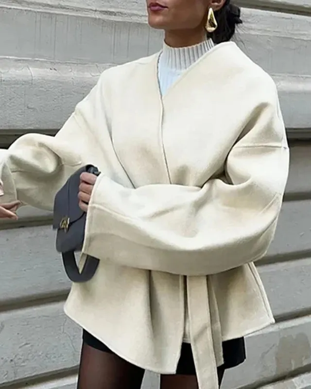 White V Neck Knotted Coat sold by rihoas