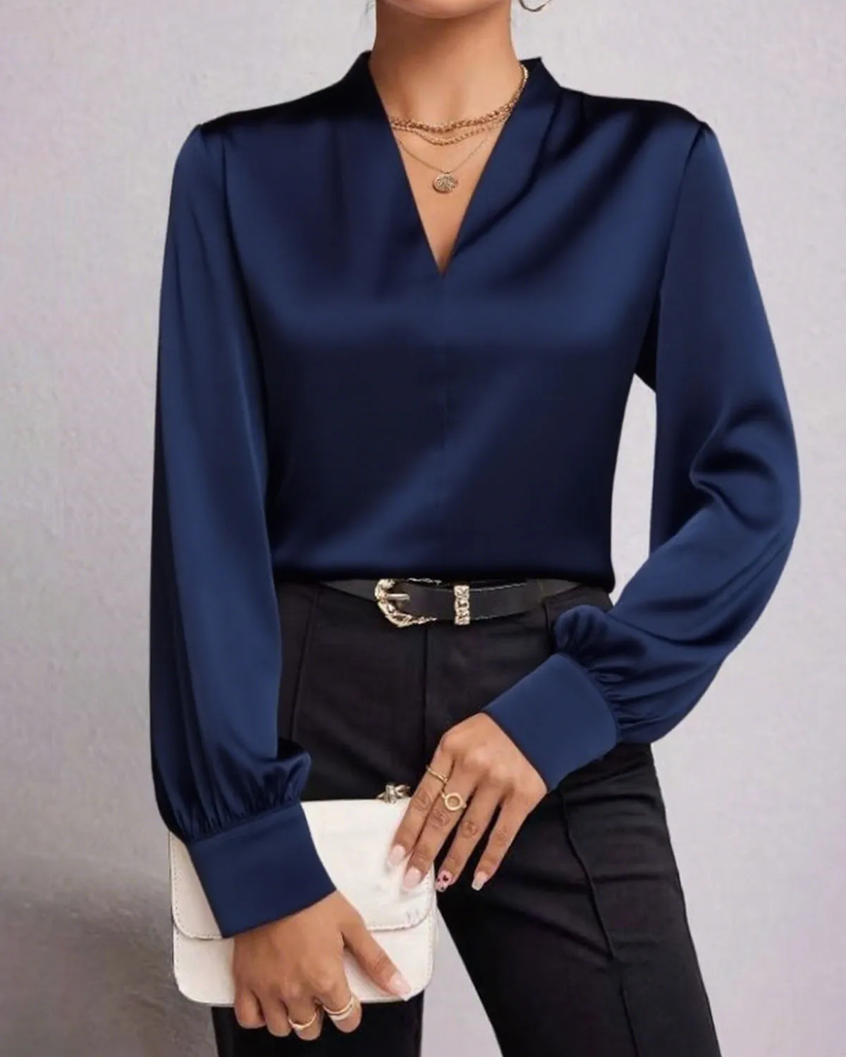 Blue Satin V Neck Shirt sold by rihoas product image thumbnail 4