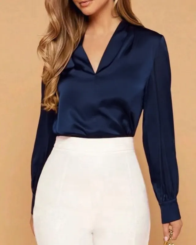 Blue Satin V Neck Shirt sold by rihoas